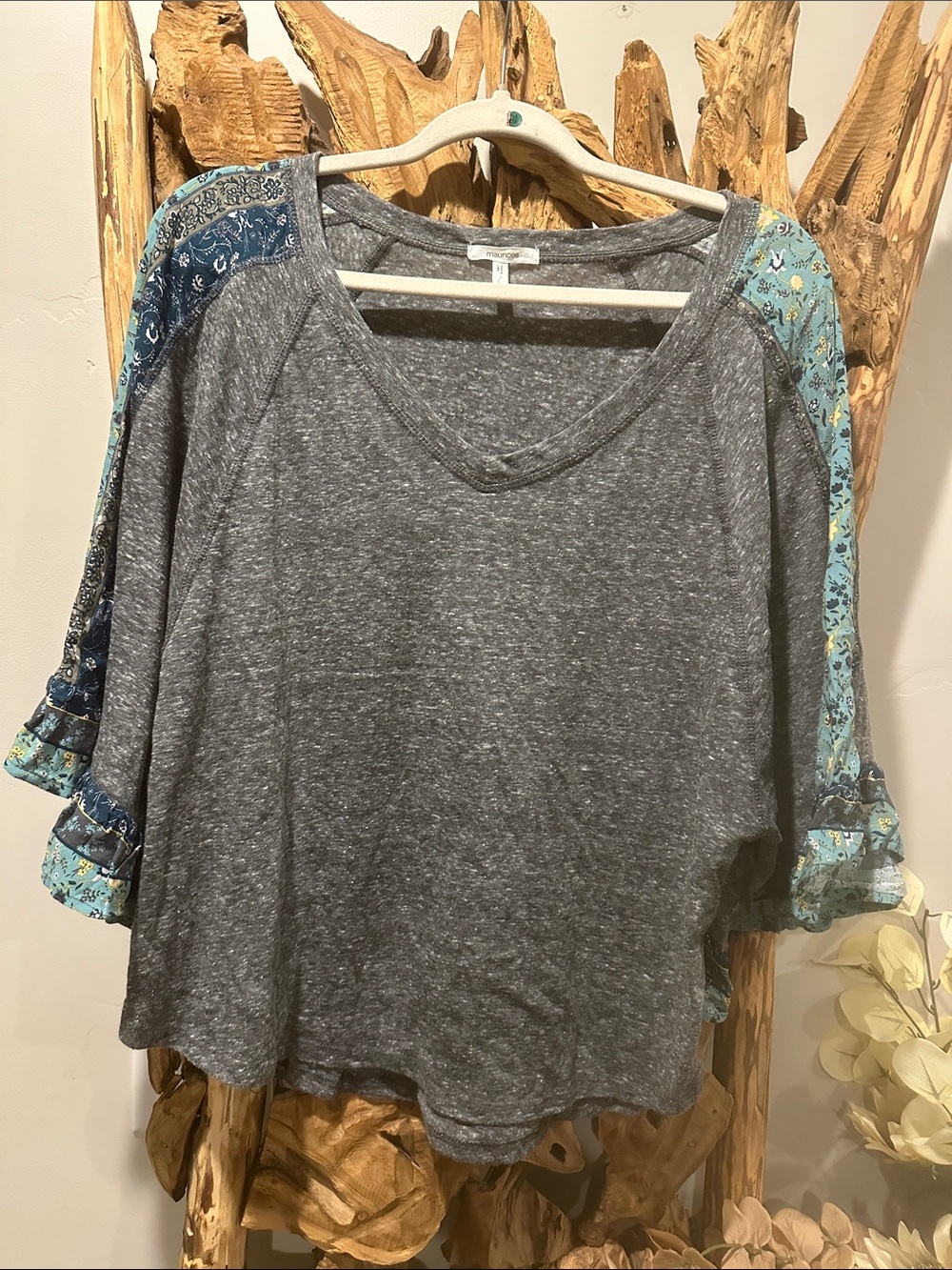 Maurices Gray Knit Top with Blue Patchwork Sleeves